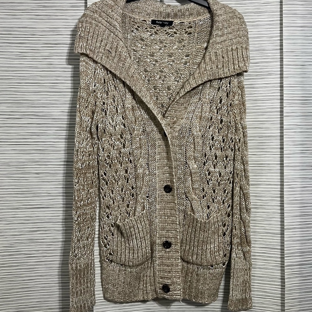 Woman beige button up sweater size large
